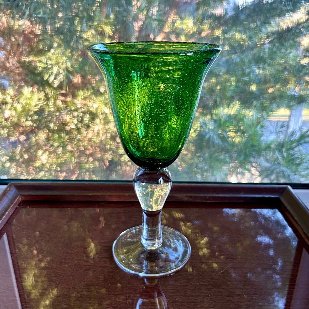 Vintage Artland Green Bubble Glass Goblet Flared Rim Clear Stem 8.25”